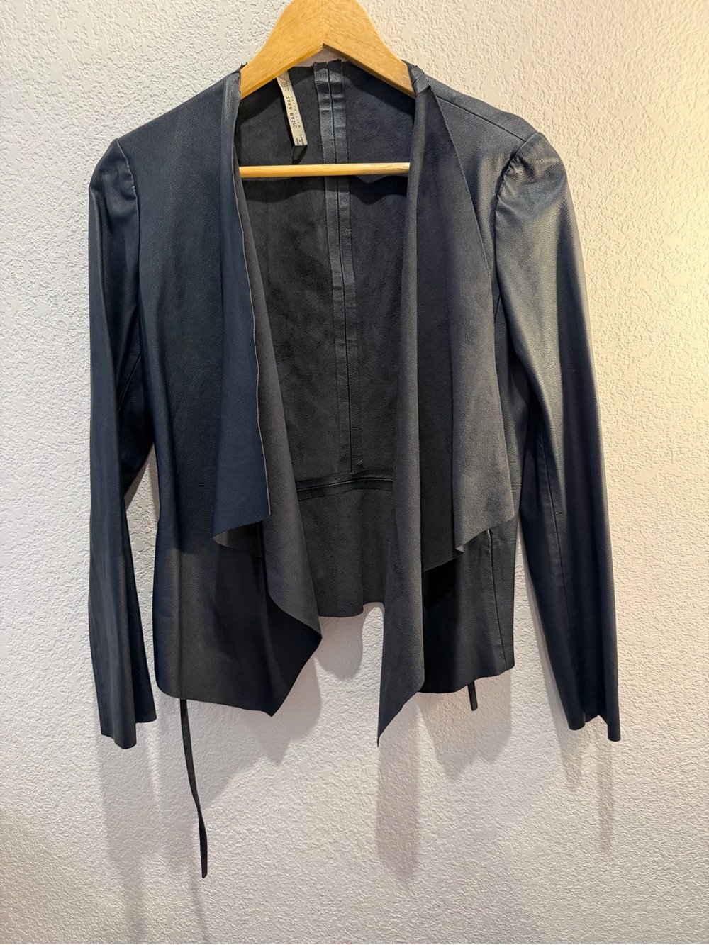Zara Navy XS Draped Faux Leather Open-Front Jacket